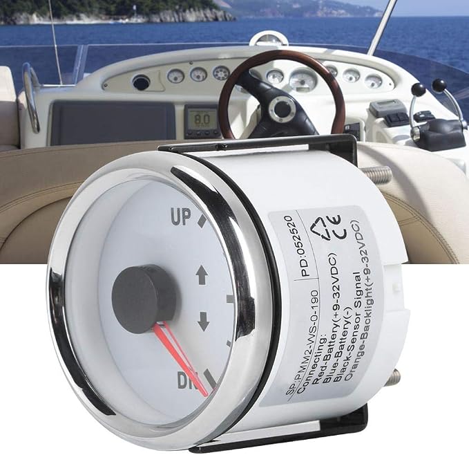 Boat Marine Trim Gauge 52mm/2in UP-DN Boat Gauges Set 0-190ohm Trim Tilt Indicator Red Backlight (White Dial Silver Frame)