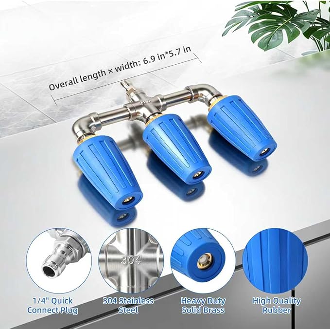 Triple Turbo Nozzle Pressure Washer, Triple Pressure Washer Nozzle, 360° Rotating 4000 PSI Turbo Nozzle with 1/4" Quick Connector 2.0 Orifice, 304 Stainless Steel for Driveway/Deck Clean(Blue)
