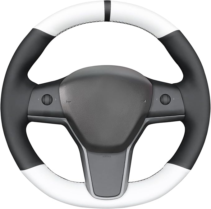 MEWANT Hand Stitch Steering Wheel Cover for Tesla Model Y 2023 Tesla Model 3 2020 Black White Faux Leather Steering Wrap