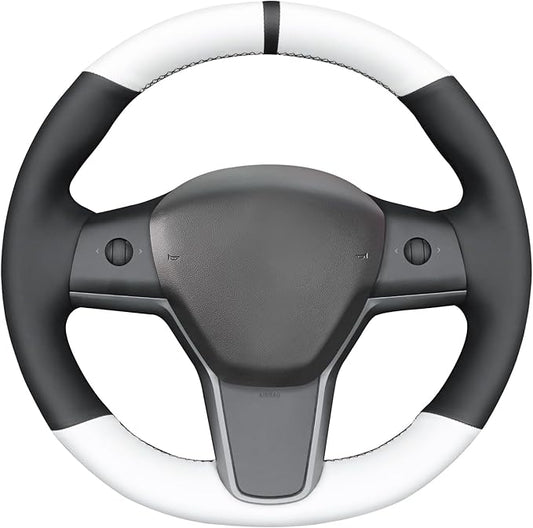 MEWANT Hand Stitch Steering Wheel Cover for Tesla Model Y 2023 Tesla Model 3 2020 Black White Faux Leather Steering Wrap