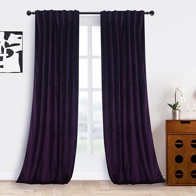 Roslynwood Luxury Soft Deep Purple Velvet Curtains 108 inches Long Back Tab Thermal Insulated Blackout Window Drapes for Living Room/Bedroom/Dining Room, W52 x L108, 2 Panels