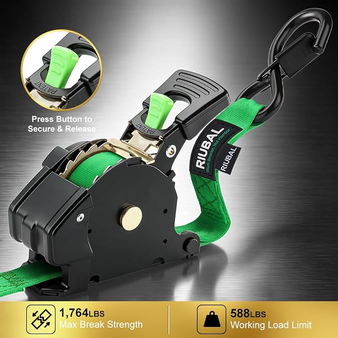 Retractable Ratchet Straps (4-Pack) - 1 Inch x 15 Feet (1,764lb Break Strength) - Auto Self Retracting Tie Down Straps Heavy Duty for Motorcycle, ATV, UTV, Truck, Cargo Trailer – Green