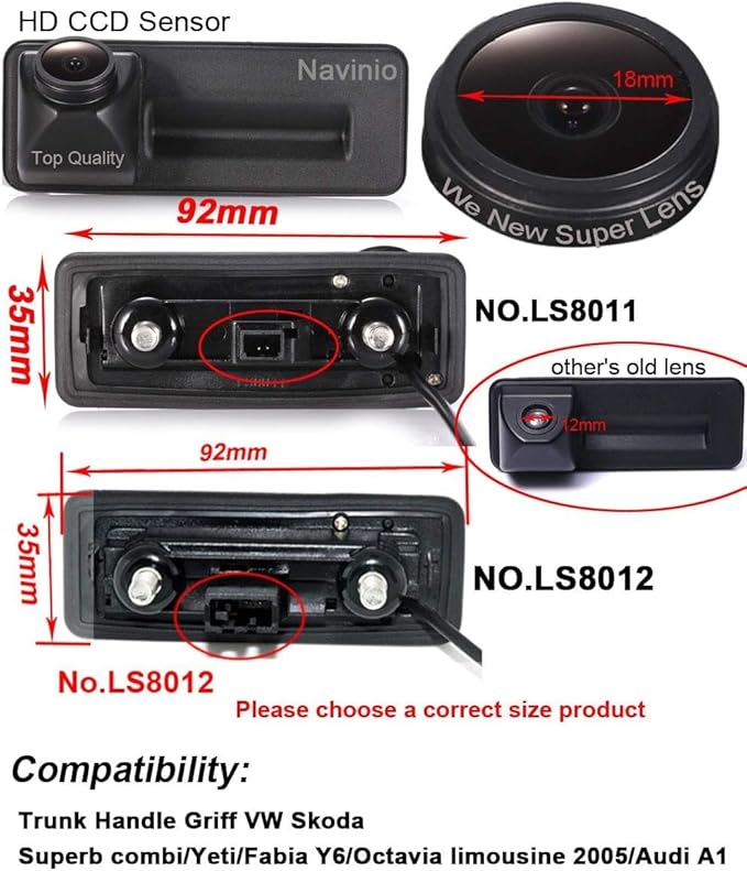 1280x720 Pixel 1000TV Lines Waterproof Trunk Handle Griff Reverse Camera HD Night Vision Rear View Camera for VW Skoda/Superb Combi/yeti/Fabia Y6/ Octavia/Audi A1(Model=LS8011)