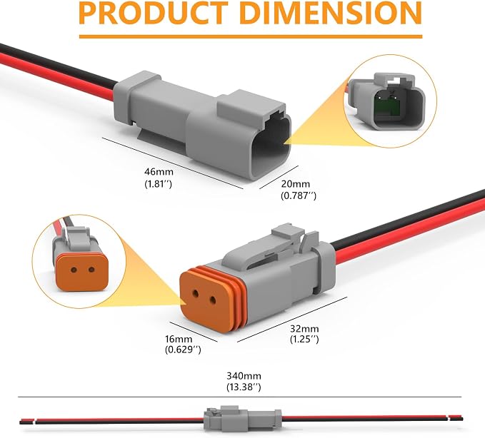 Newdeli Deutsch 2 Pin Connector Kit Waterproof Electrical Connector 16 AWG Male and Female Automotive Wire Connectors for Car Truck Boat, Dt Connector 6 Sets