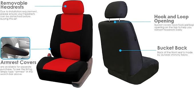 FH Group Car Seat Covers Flat Cloth Front Seats Only Red Automotive Seat Cover, Airbag Compatible Universal Fit Interior Accessories Cars Trucks SUV Combo Steering Wheel Cover & Seat Belt Pads