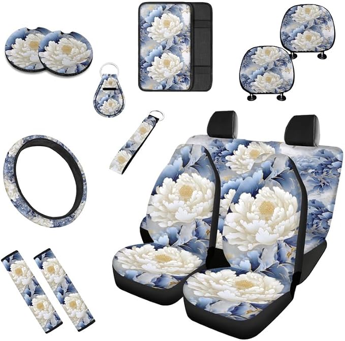 Carnation Flower Hand Drawing Car Seat Cover Full Set Universal Floral Art Painting 13 Pcs for Front and Back Seat Cover Keychains for Trucks Sedan SUV