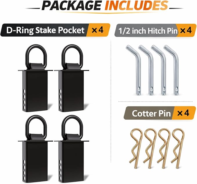 Trailer Stake Pocket D Ring 16200lbs Heavy Duty Removable Adjustable D-Ring Stake Pocket Tie Downs for Utility Trailers, Flatbed Trucks W/ 1/2" Hitch Pin (Black, 4PCS)