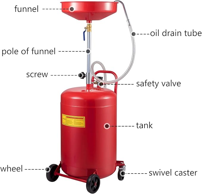 VEVOR 20-Gallon Waste Oil Drain Tank, Air Operated Portable Oil Drainer with Adjustable Funnel Height, Fluid Fuel Transfer Drainage with Wheels, Oil Change Container for Auto Repair Shops, Garages | Air Operated, Portable Oil Drainer, Adjustable Funnel...