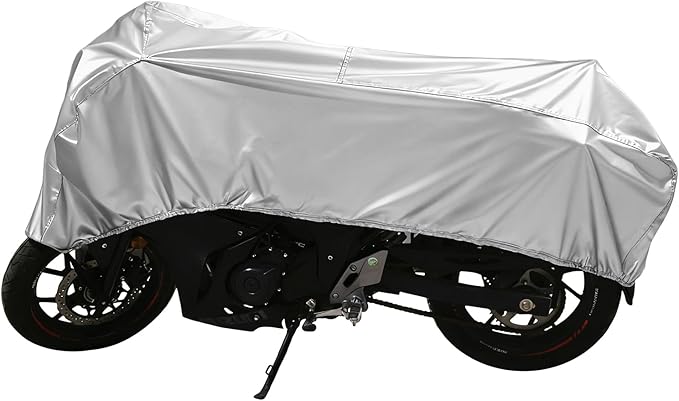 Dream Apparel Motorcycle Half Cover, Waterproof Motorcycle Cover for Outdoor, Rain Snow Dust Protection Universal Fit Heavy Duty Motorbike Vehicle Cover with Storage Bag, Silver L