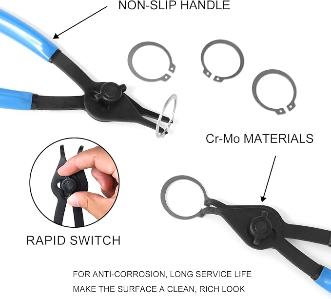 12-Piece Heavy Duty Convertible Retaining Ring Pliers Set, Internal/External Snap Ring Pliers with 4 Fixed Tip Sizes (0.038in-0.090in) for Automotive & Machinery Maintenance