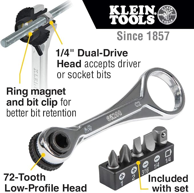 Sunex 9732 44Pc 1/4" Dr Mini Dual Flex Head RATCHET W Socket & Bit Set & Klein Tools 65200 Ratchet Set, 5-Piece Mini Ratchet Set with Phillips, Slotted, and Adapter for Other Socket Sizes