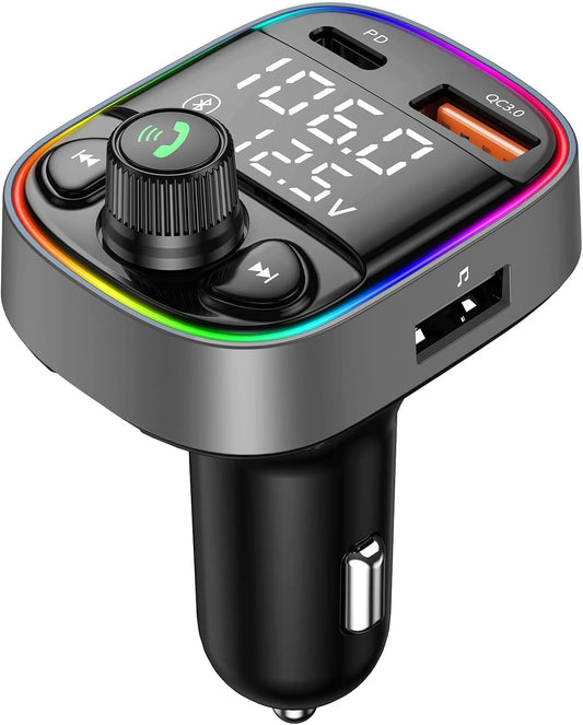 LIHAN AUX USB C Bluetooth Car Adapter, Wireless Handsfree Call, FM Transmitter Radio Receiver, QC3.0 & Type-C Car Charger, 7 Color Backlit with 2 LED Displays, TF Card & Music Stereo Player