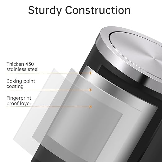 Mbillion Small Trash Can with Swing Lid 4 Gallons/15 Liter, Mini Trash Can with lid, Stainless Steel Cylindrical Garbage Can for Home and Office, for Ground and Desktop(Black)
