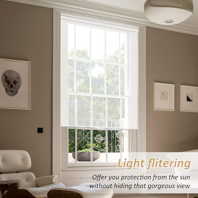 LUCKUP Light Filtering Roller Shades for Windows, Cordless Semi Sheer Solar Blinds with 5% Openness Free-Stop Window Shades for Home & Office, White 28" W x 72" L