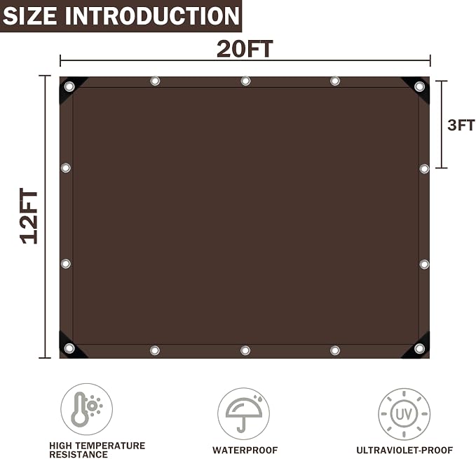 Tarps Heavy Duty Waterproof, 16 Mil Large Tarps with Grommets, UV Resistant and Tear&Fade Resistant, Brown Heavy Duty Tarps for Outdoors Patio Camping, 12 * 20FT