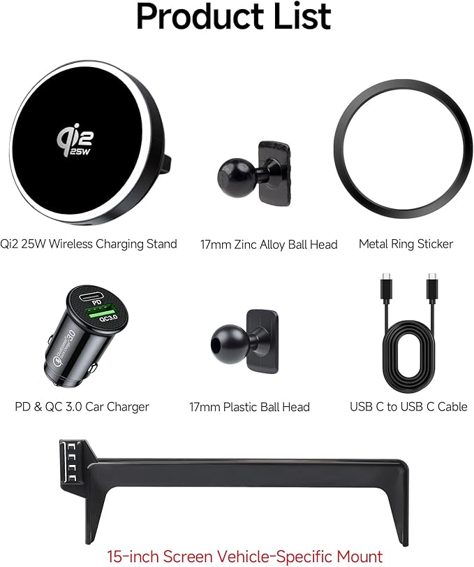 Qi2.2 Max 25W Fast Wireless Car Charger Phone Holder for Volkswagen Tiguan 2025 2026 15-Inch Screen, Magnetic Phone Mount Compatible with MagSafe