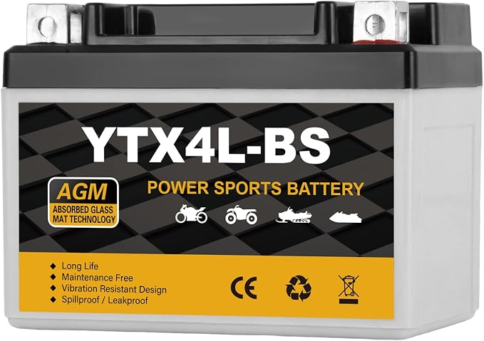 YTX4L-BS Motorcycle Battery 12V 3Ah, 70 CCA Sealed AGM Rechargeable Maintenance Free Battery, Replacement for ATV, 50cc Scooter, Dirt Bike