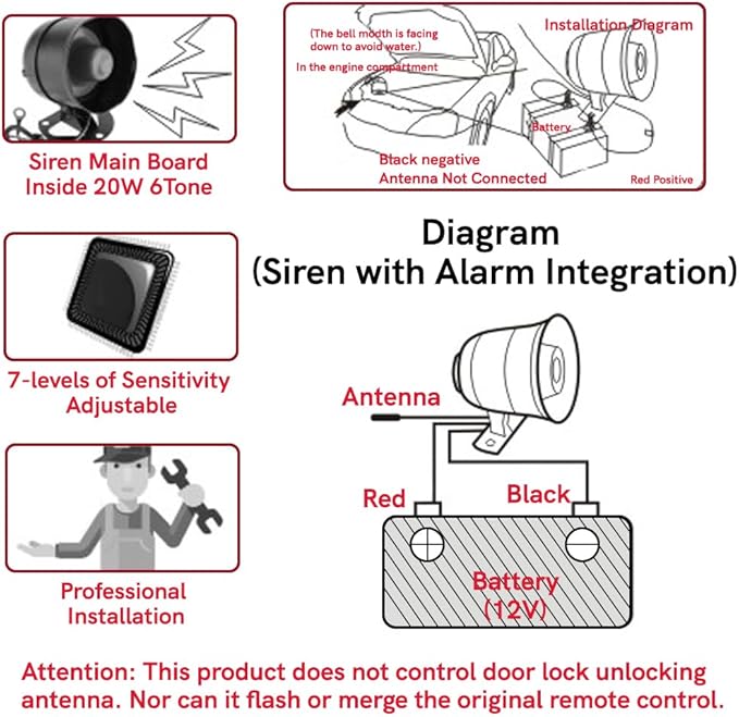 Riloer Vehicle Security Protection System, Universal 12V Car Alarm Device System, 2X Remote Controls Anti-Theft Device Car Horn Siren Alarm