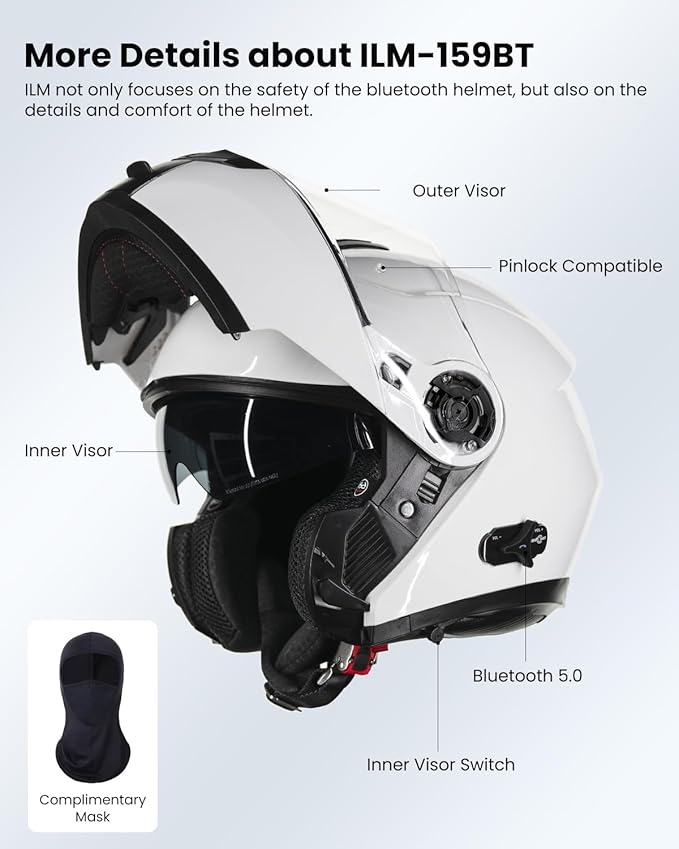 ILM 159BT Bluetooth Modular Motorcycle Helmet 2-3 Riders Intercom Full Face Flip up Casco DOT with Face Mask (White, XL)