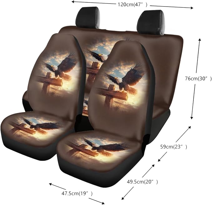 Eagle Cross Print Car Interior Accessories Set of 13, Car Front and Rear Seat Cover Full Set, Steering Wheel Cover, Soft Seat Belt Cover, Cup Holder Coasters Universal Fit for Most Cars
