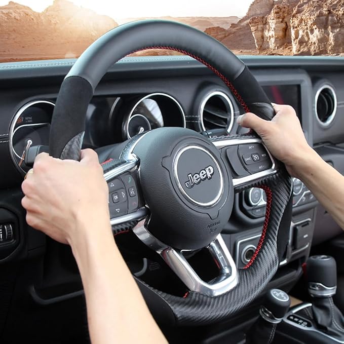 Hand-Sewing Steering Wheel Wrap Cover Black Suede/Matte Carbon Fiber Interior Protection Accessories for Jeep Wrangle 2018-2022 Jeep Gladiator 2020-2022 (Black Carbon Fiber)