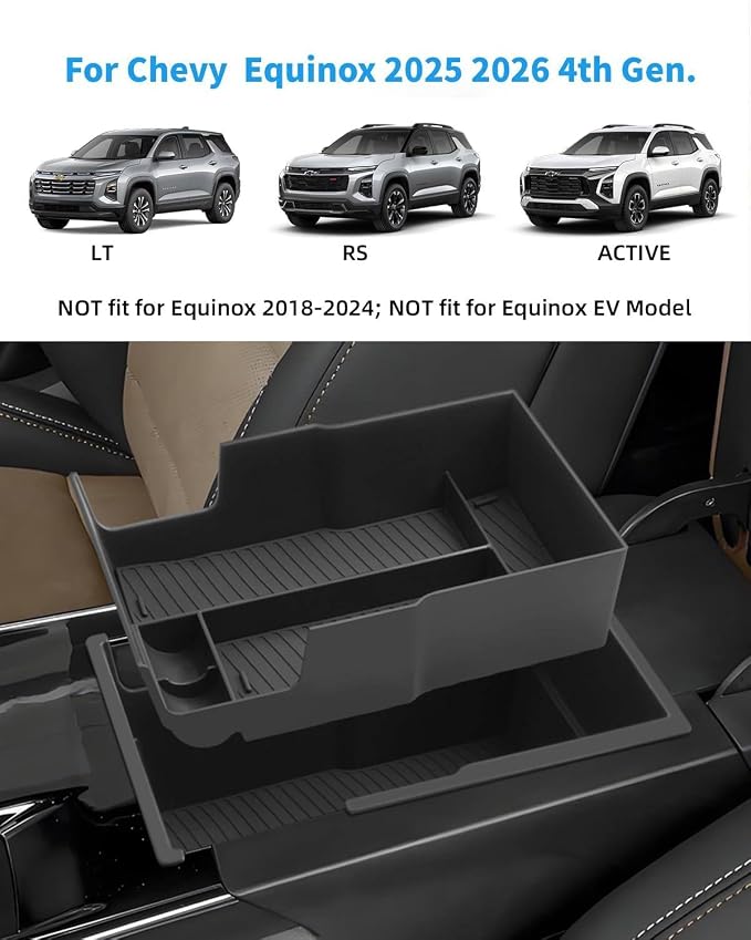 2PCS Center Console Organizer for 2026 2025 Chevy Equinox with Non-Slip Rubber Mat, Not fit for Equinox EV,2026 2025 Chevy Equinox Accessories, Black