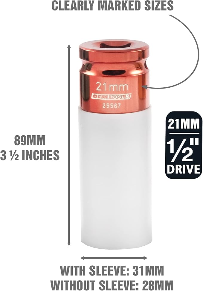 OEMTOOLS 25567 21MM Lug Nut Socket, 21 mm Socket 1/2 Drive for Wheel Service, Non-Marring Sleeve, Thin Wall, CR-MO Steel for Impact Tools, 400 Ft-Lb Max Torque
