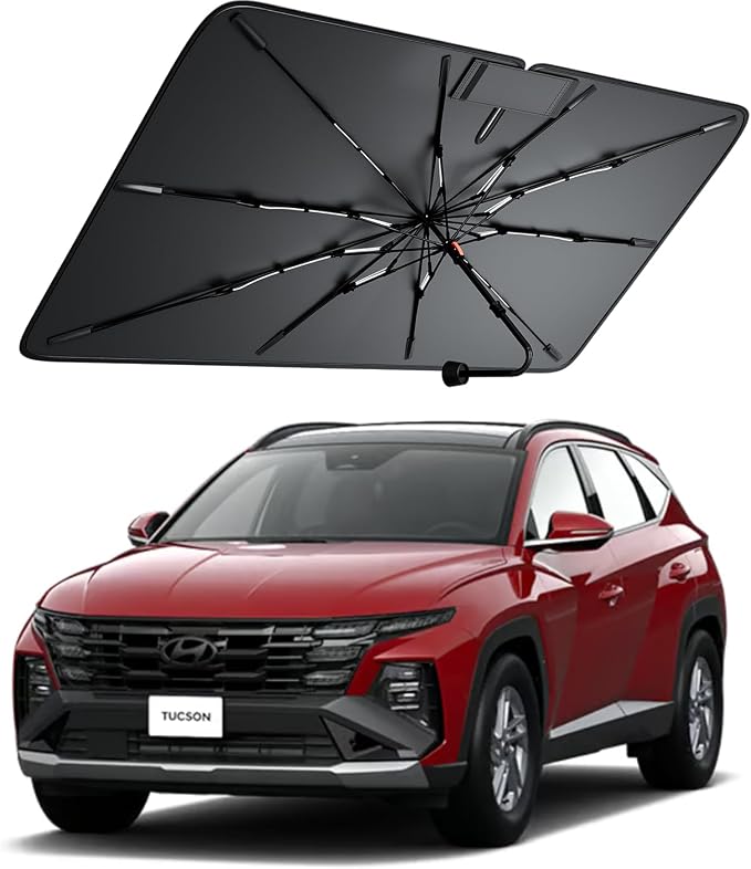 Windshield Sun Shade for Hyundai Tucson 2005–2026, Foldable Umbrella Sunshade with 100% UV Block, Multi-Layer Heat Insulation, Reinforced 10-Rib Frame, Keeps Car Cooler, Summer Car Accessory