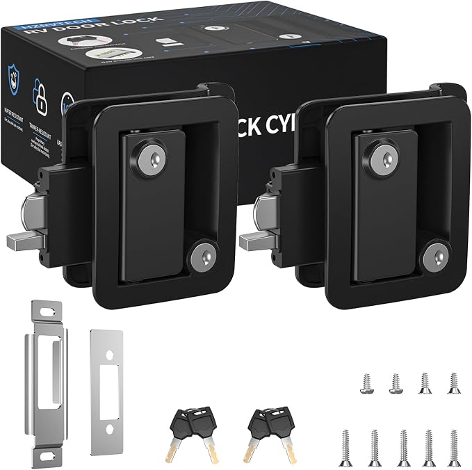 Upgraded RV Door Lock Replacement with Paddle Latch, Durable Black Camper Door Lock for Travel Trailers and Enclosed Trailer(Key with the Same Number)