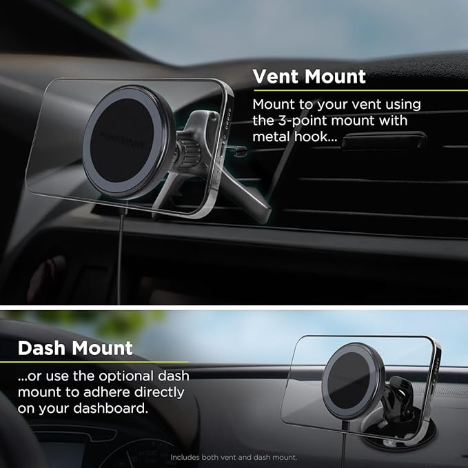 PureGear Qi2 Certified 15W MagSafe Car Mount Charger, Magnetic Wireless Car Charger, Car Phone Holder for iPhone 17/16/15/14/13/12, Air Vent/Dashboard, Super Fast Charging, Black