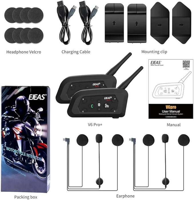 EJEAS V6 Pro Bluetooth Mesh Communication Systems Headset with 1200m Waterproof/Noise Reduction/Hands-Free Calls/Music & GPS, Motorbike/ATV/Dirt Bike/Skiing/Motorcycle Helmet Intercom(2 Pack)