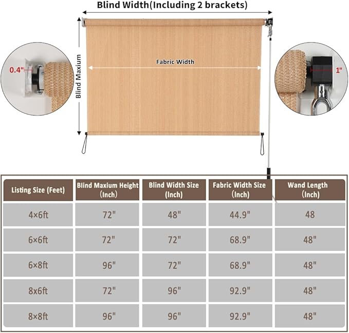 SMONTER Outdoor Sunshade Roller Shade 6'W x 8'H (72" Wx96 H), Exterior Cordless Roll Up Shades Blinds, UV Protection Shade Cloth with Crank Operation for Outside Windows Patio Porch Gazebo, Walnut