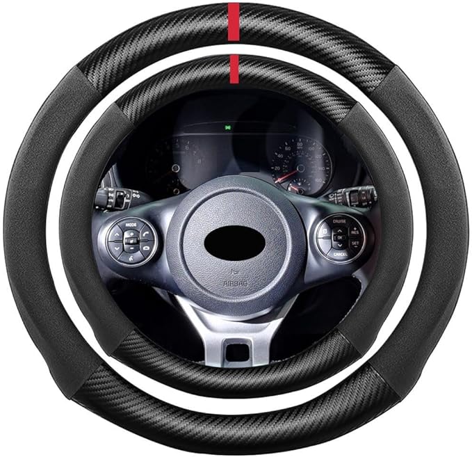 Suede Carbon Fiber Steering Wheel Cover, Compatible with KIA Forte Rio Soul Seltos Sportage Sorento Telluride 15 inch Soft SuedeLeather Sport Non-Slip Automotive Interior Accessories