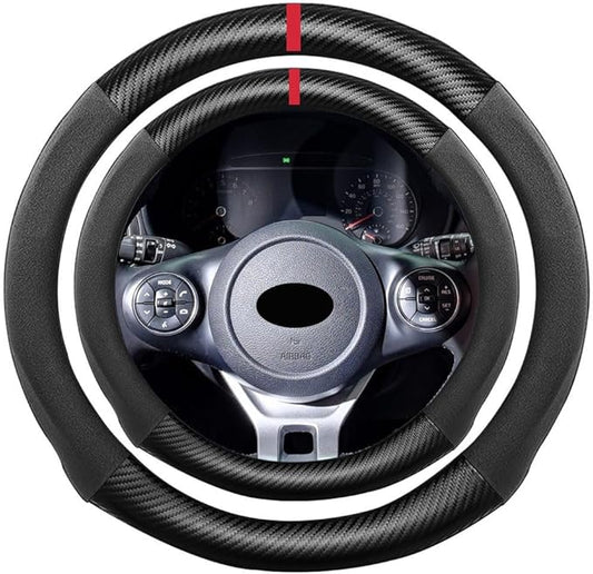 Suede Carbon Fiber Steering Wheel Cover, Compatible with KIA Forte Rio Soul Seltos Sportage Sorento Telluride 15 inch Soft SuedeLeather Sport Non-Slip Automotive Interior Accessories
