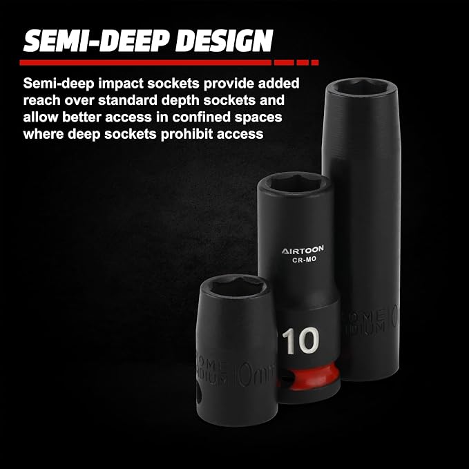 3/8 in. Drive Semi-Deep Impact Sockets Set, Mid-Length Socket Set, Metric, 8 to 22 mm, 14-Piece, CR-MO, Stamped and Ink Filled Size Marking
