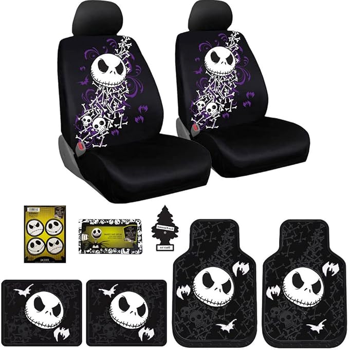 Yupbizauto 9 Pieces Nightmare Before Christmas Jack Skellington Bone Design Car Truck SUV Seat Covers Rubber Front and Rear Floor Mat Set with Little Tree Air Freshener Bundle Set