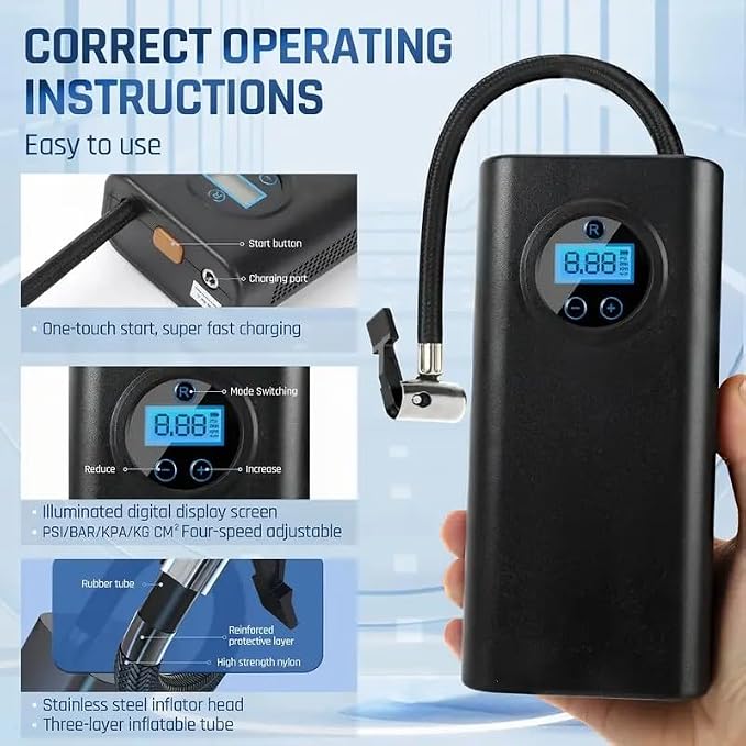Tire Inflator Portable Air Pump, Cordless Air Compressor for Car Tires, Electric Pump for Ball, Bicycle, Motorcycle
