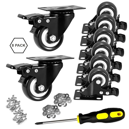 2" Caster Wheels Set of 8, Heavy Duty with Brake | No Noise, Locking, Polyurethane (PU) Wheels, Swivel Plate, Black, Pack of 8