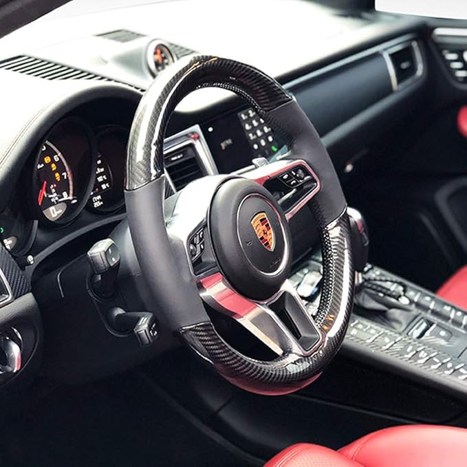 Black Nappa Leather & Carbon Fiber Auto Interior Accessory Steering Wheel Protector Cover Hand-Stitch on Wrap Fit for Porsche Panamera Macan Cayenne 911 996 997 959 Cayman Boxster