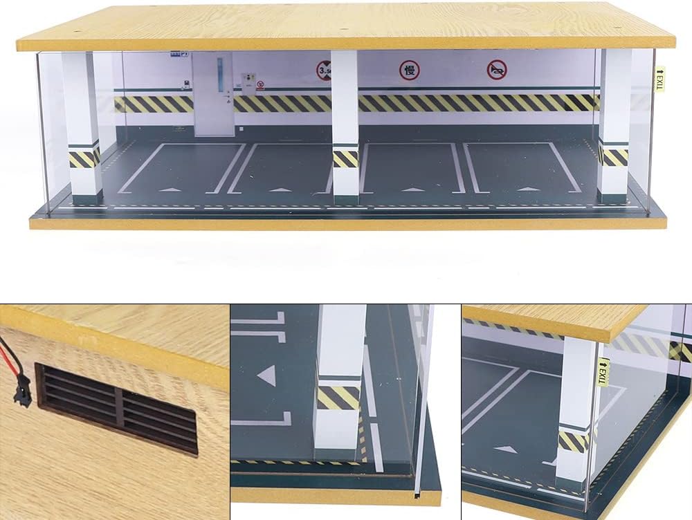 1/24 Parking Garage Model Car Garage Display Case with Clear Acrylic Cover and LED Lighting Toy Car Storage Tabletop Showcase for Boy Kids Home Toy Stores