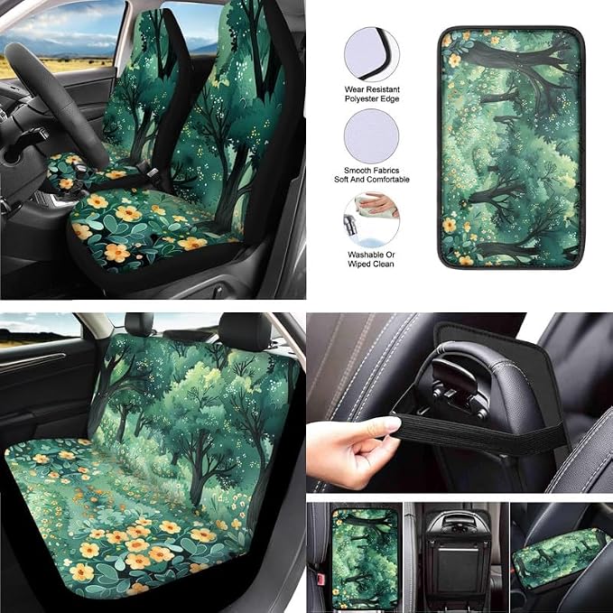 Forest Plumeria Hand Drawing Car Seat Covers of 13 Pack Ultra-Soft Universal Tree Art Painting Fit for Cars Keychain Coaster for SUV Sedan Van