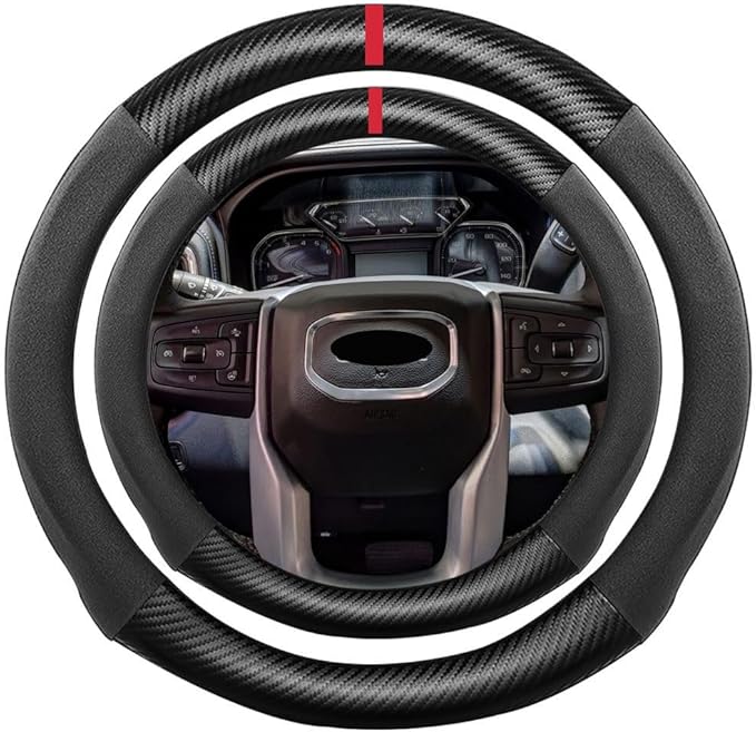 Suede Carbon Fiber Steering Wheel Cover, Compatible with GMC Acadia Canyon Sierra 1500 HD Terrain Yukon Envoy Savanna Van 15 inch Soft Suede Leather Sport Non-Slip Interior Accessories