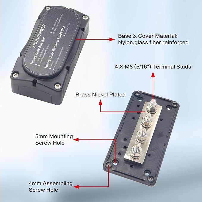 300A Bus Bar 12v Power Distribution Block 4 x 5/16"(M8) Terminal Block Heavy Duty Waterproof Buss Bar Junction Block Marine Battery Bus bar for Automotive Boat Solar System(Black)