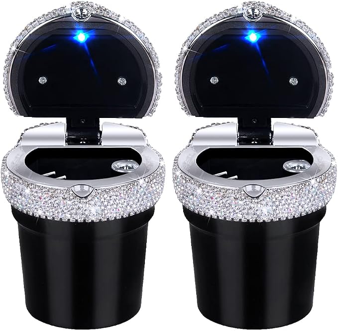 eing Car Ashtray Portable Bling Cigarette Smokeless Cylinder Cup Holder with Blue LED Light Indicator,Car Accessories for Women,Ideal for Car,Home and Office,2 - Pack Black+White