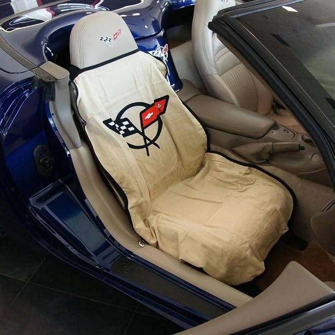 SR1 USA C5 Corvette Seat Cover Seat Towels - 100% Cotton - Interior UV Protection with Crossed Flags Logo for 1997-2004 C5 & Z06 Corvettes Accessories (Tan, Set)
