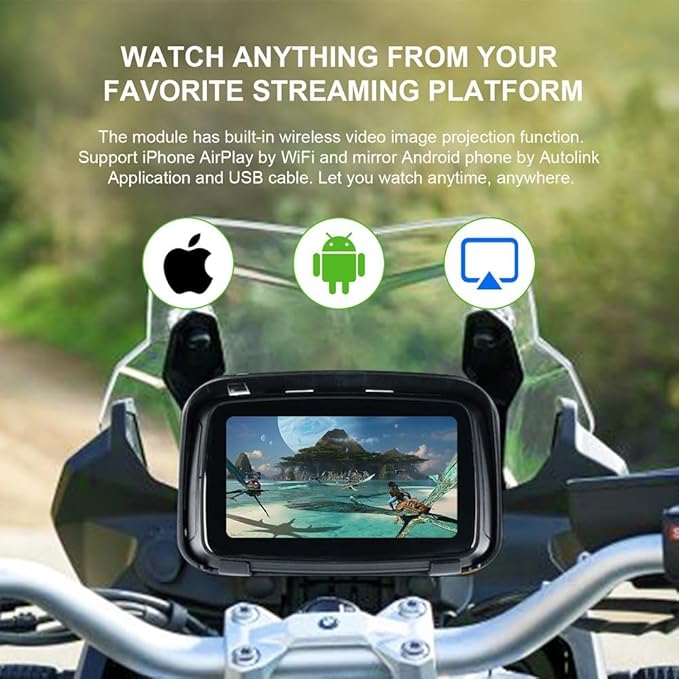 Sunweyer Portable Carplay Wireless Android Auto for Motorcycle,5 Inch IPX7 Waterproof Touchscreen,Auto GPS Navigation,5G Dual Bluetooth,Support Siri/Google Assistant