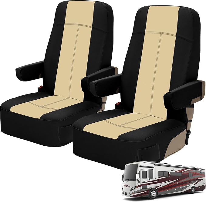 RV Seat Covers Compatible with Motorhome Captain Chairs, Driver & Passenger Leather and Neoprene Fabric Seat Covers, Black and Tan, 2pcs