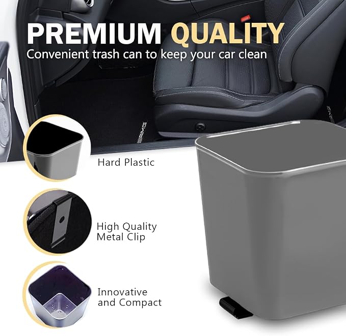 Gray Car Trash Can plus Trash bag bundle – Waterproof, w/Floor Mat Clip, Leakproof Build, Portable – Includes 1 Roll Inside + 3 Extra Roll (80pcs Total) – Black, Large – For Cars, SUV, & T