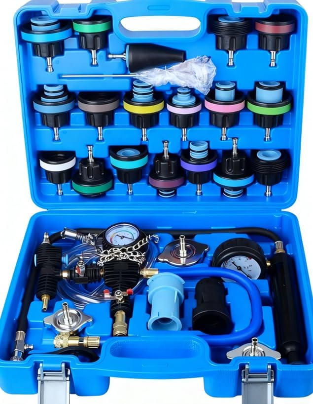 DAYUAN 28Pcs Universal Radiator Pressure Tester Kit, Coolant Vacuum Refill | Coolant Pressure Tester Set for Cooling System, 0-35 PSI Pressure Testing，Vacuum Purge & Refill, Fits Most Vehicles，Blue Case