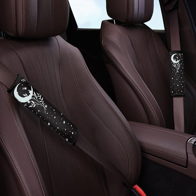 Xoenoiee 11 Pcs Crescent Moon Stars Design Car Accessories Seat Cover Full Set for Women, Steering Wheel Cover, Front & Rear Seat Cover, Seat Belt Pads, Cup Coaster, Key Chains - Universal